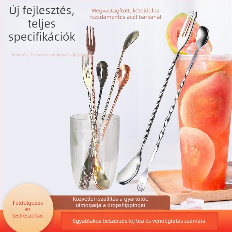 Rozsdamentes acélból készül hosszú nyeletű bárkanál koktélokhoz, kávéhoz és tejeskávéhoz; keverőrúddal több méretben