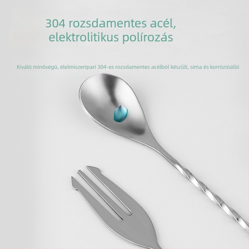 Rozsdamentes acélból készül hosszú nyeletű bárkanál koktélokhoz, kávéhoz és tejeskávéhoz; keverőrúddal több méretben