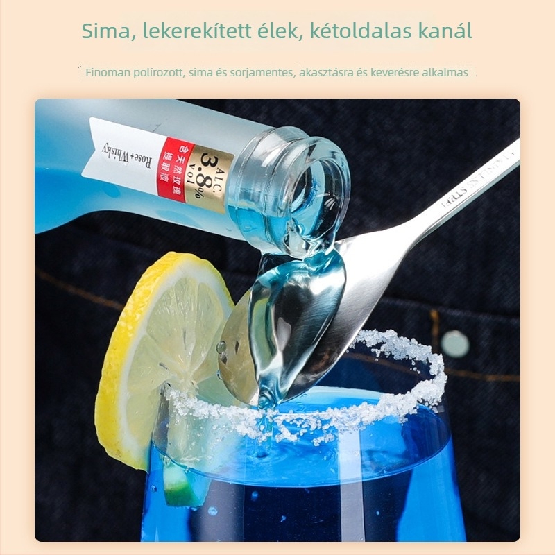 Rozsdamentes acélból készül hosszú nyeletű bárkanál koktélokhoz, kávéhoz és tejeskávéhoz; keverőrúddal több méretben