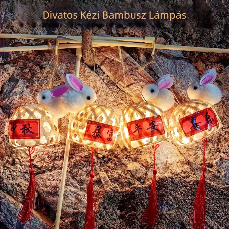 Félkész mini kézzel szőtt nyuszi lámpa, világító bambusz lámpa Holdünnepre