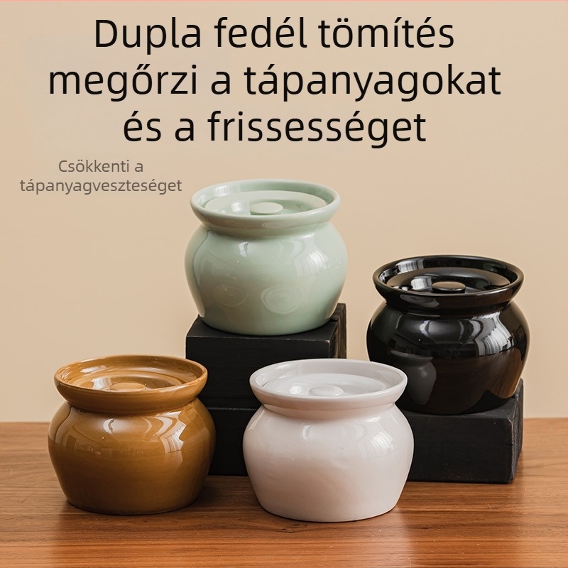 Kerámiás leves- és pörkölt edény, egy személyes adagra, fedővel, tojások párolásához