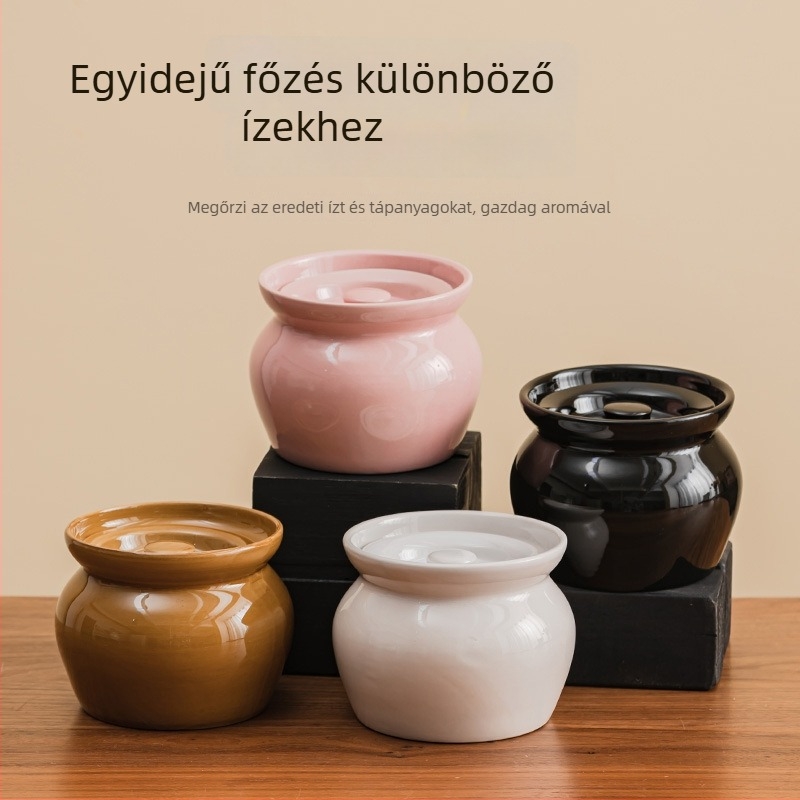 Kerámiás leves- és pörkölt edény, egy személyes adagra, fedővel, tojások párolásához