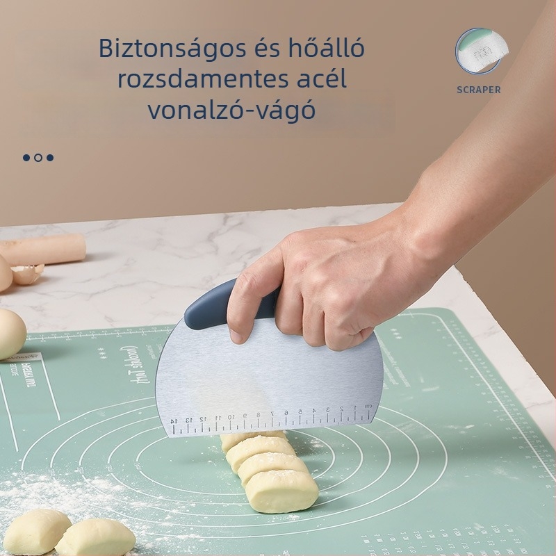 Rozsdamentes acél tészta spatula mérőskálával és félkör alakú vágóval kenyérhez és süteményekhez