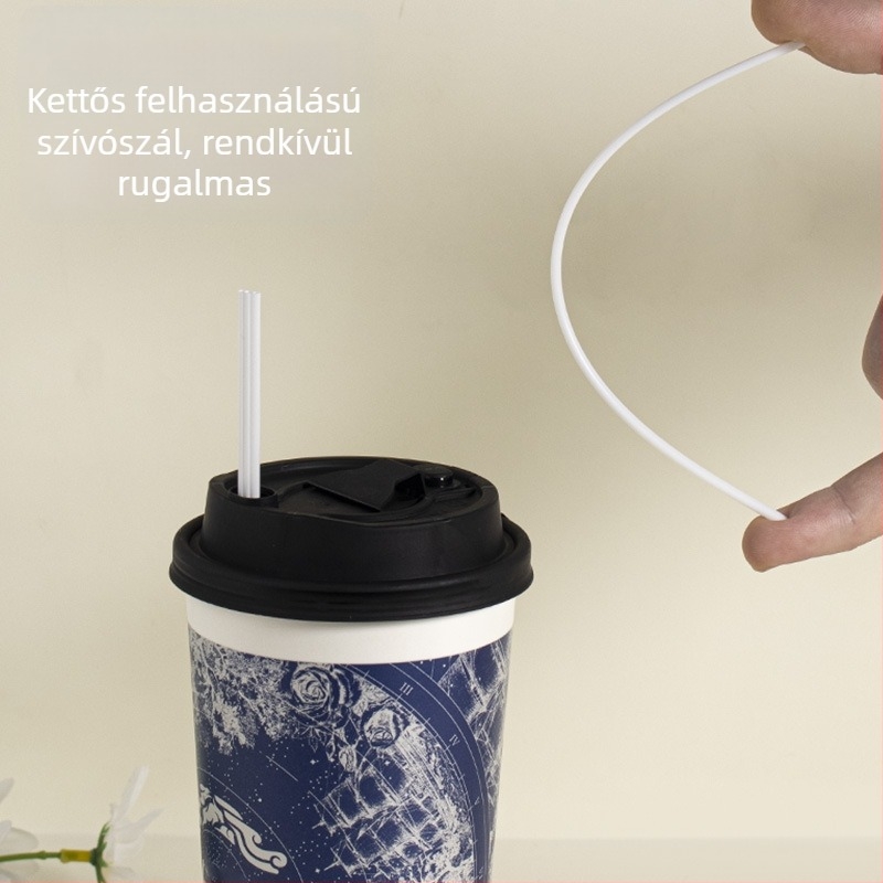 Egyszer használatos fehér műanyag szívószál és keverő forró italokhoz és tej-teához, hegyes vég, vékony cső