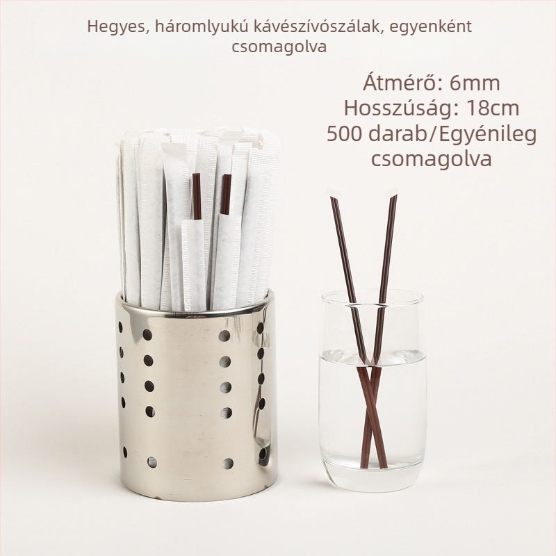 Egyszer használatos kávé szívószálak hegyes véggel és háromlyukú, egyenként csomagolva, kemény keverőpálcával tejes teához és forró italokhoz
