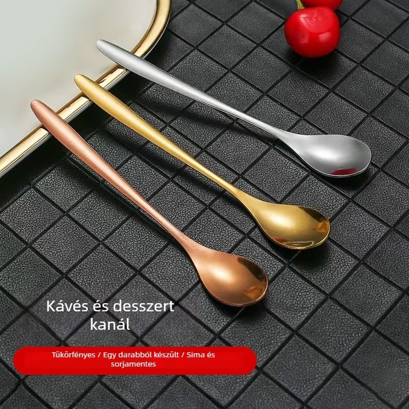 Rozsdamentes acélból készült hosszú nyelű kanál – kávéhoz, desszertekhez, salátákhoz és keveréshez