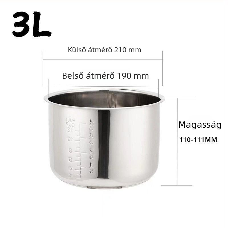 304 rozsdamentes acél belső edény rizsfőzőkhöz és nyomásfőzőkhöz, többszintes alj, 2 L és 3 L kapacitás