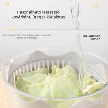 Kézi saláta- és zöldségdehidratáló, leeresztő kosárral és forgó leeresztővel