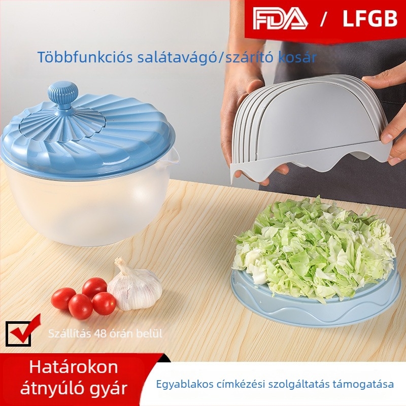 Kézi saláta- és zöldségdehidratáló, leeresztő kosárral és forgó leeresztővel