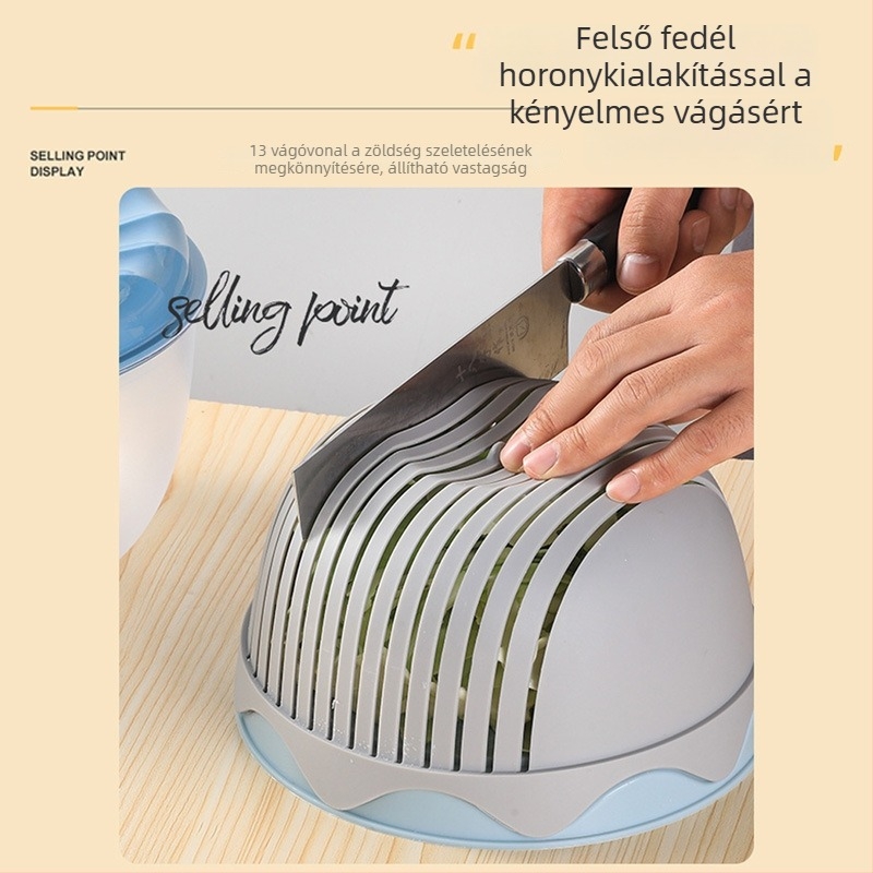 Kézi saláta- és zöldségdehidratáló, leeresztő kosárral és forgó leeresztővel