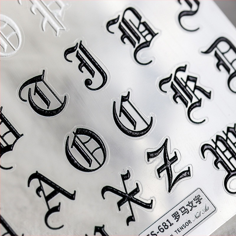 Háromdimenziós vékony, átlátszó körömdíszítő matrica tiszta mintával és erős ragasztó hátoldallal, római betűkkel, TS681