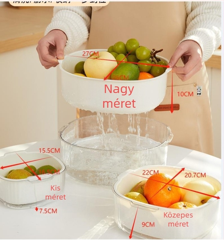 Többfunkciós műanyag leeresztő kosár, három darabos készlet a konyhához, kétszintes gyümölcs- és zöldségkosár