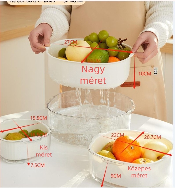 Többfunkciós műanyag leeresztő kosár, három darabos készlet a konyhához, kétszintes gyümölcs- és zöldségkosár