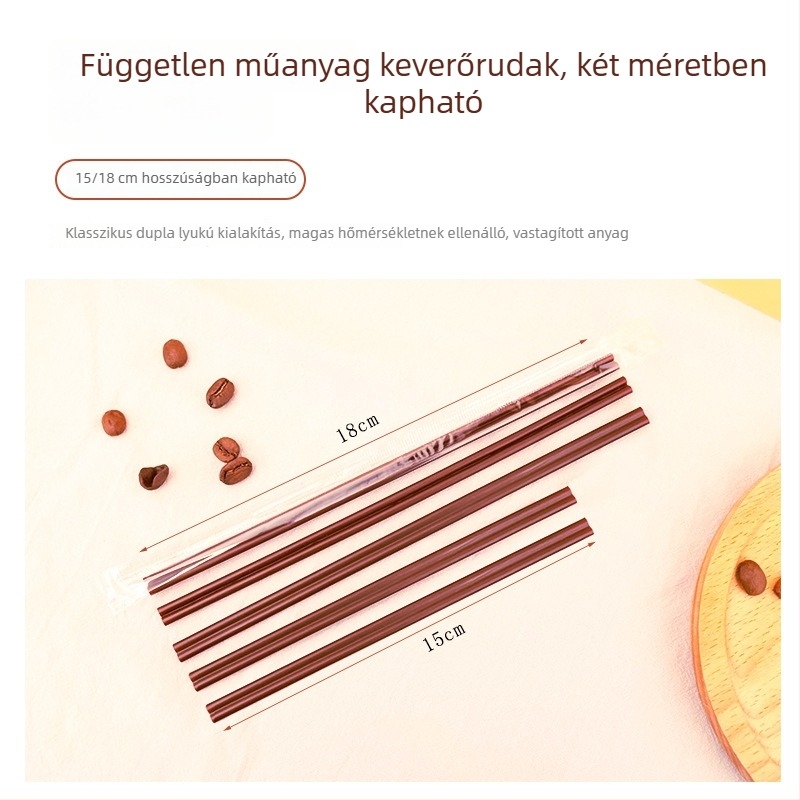 Fa kávés szívószálak és keverőpálcikák papírtokos, egyenként csomagolva