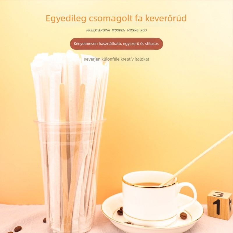 Fa kávés szívószálak és keverőpálcikák papírtokos, egyenként csomagolva