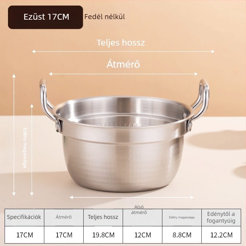 Koreai stílusú rozsdamentes acél mini levesfazék fedővel, dupla füllel, 2,1–4 l, Sukiyaki fazék