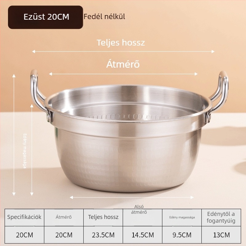 Koreai stílusú rozsdamentes acél mini levesfazék fedővel, dupla füllel, 2,1–4 l, Sukiyaki fazék