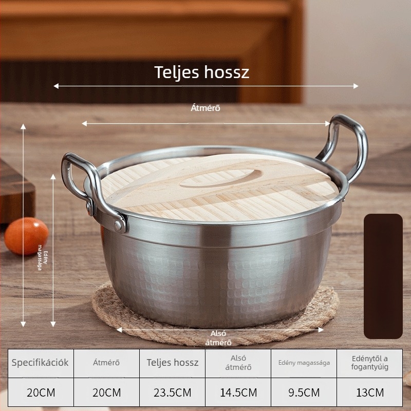 Koreai stílusú rozsdamentes acél mini levesfazék fedővel, dupla füllel, 2,1–4 l, Sukiyaki fazék