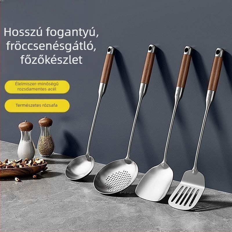 Vastagított rozsdamentes acél spatula fa nyéllel, konyhai eszközök készlet: spatula és leveses kanál