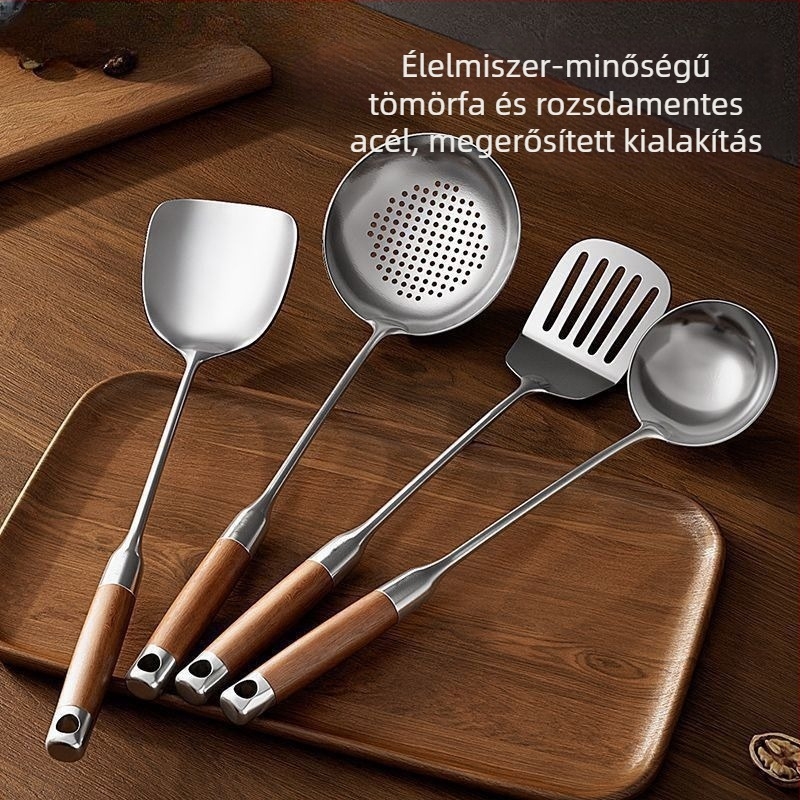 Vastagított rozsdamentes acél spatula fa nyéllel, konyhai eszközök készlet: spatula és leveses kanál