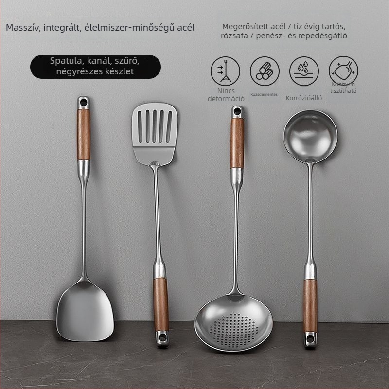 Vastagított rozsdamentes acél spatula fa nyéllel, konyhai eszközök készlet: spatula és leveses kanál