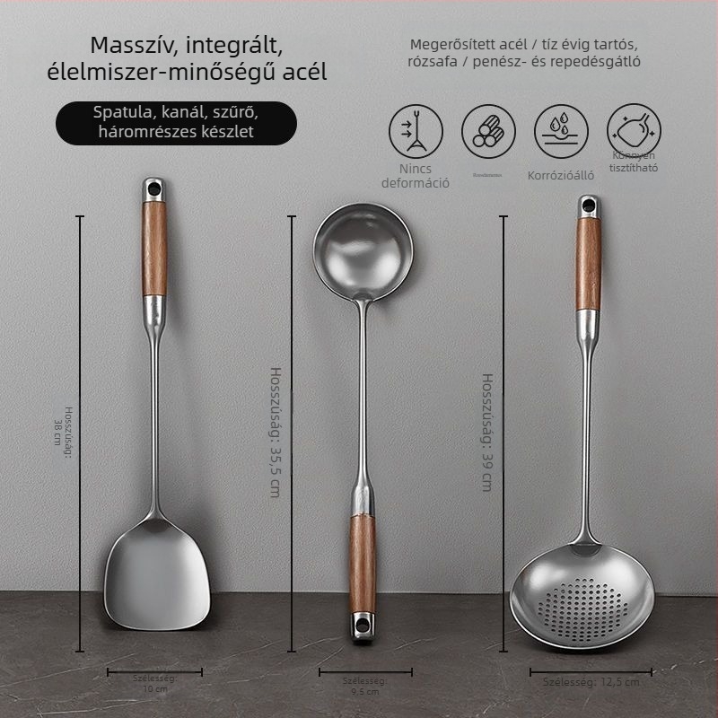 Vastagított rozsdamentes acél spatula fa nyéllel, konyhai eszközök készlet: spatula és leveses kanál