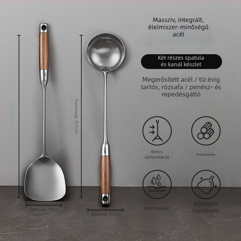 Vastagított rozsdamentes acél spatula fa nyéllel, konyhai eszközök készlet: spatula és leveses kanál