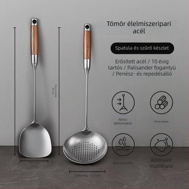 Vastagított rozsdamentes acél spatula fa nyéllel, konyhai eszközök készlet: spatula és leveses kanál