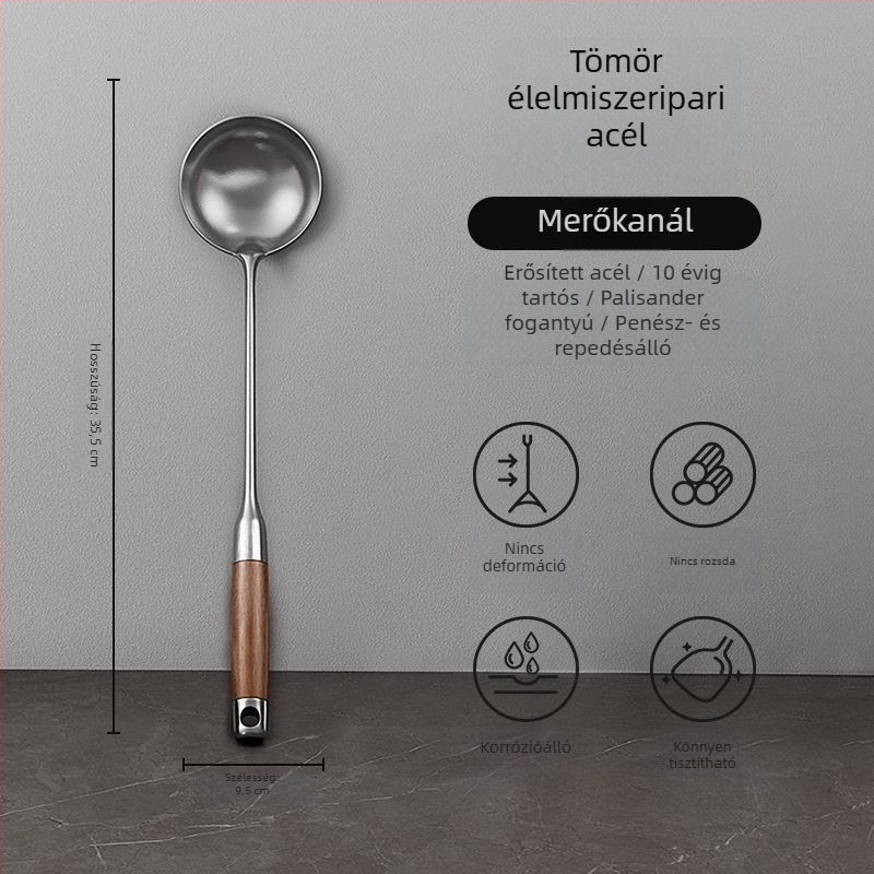 Vastagított rozsdamentes acél spatula fa nyéllel, konyhai eszközök készlet: spatula és leveses kanál