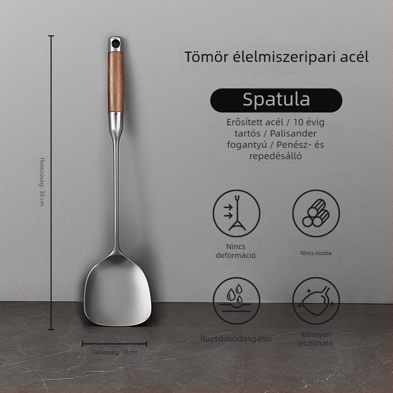 Vastagított rozsdamentes acél spatula fa nyéllel, konyhai eszközök készlet: spatula és leveses kanál