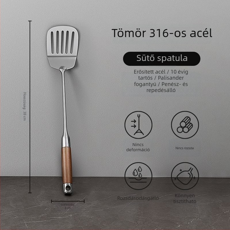 Vastagított rozsdamentes acél spatula fa nyéllel, konyhai eszközök készlet: spatula és leveses kanál