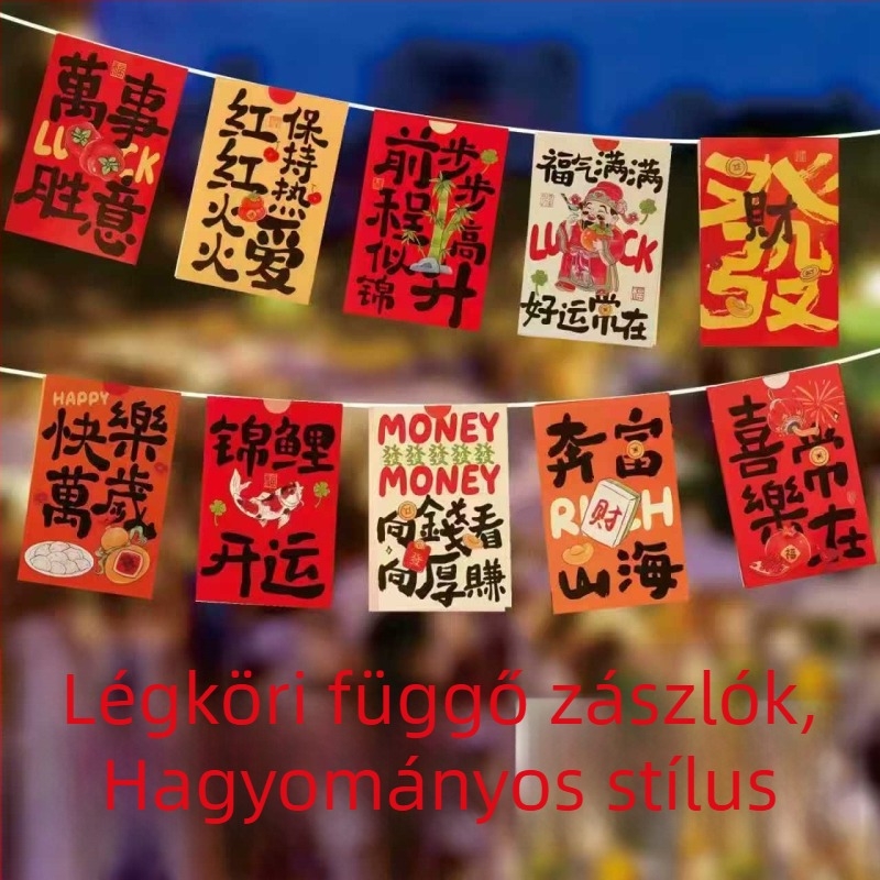 Újévi pennant lobogó piros poliészterből, nemzeti stílusú, ünnepi függő dekoráció boltok és bevásárlóközpontok számára