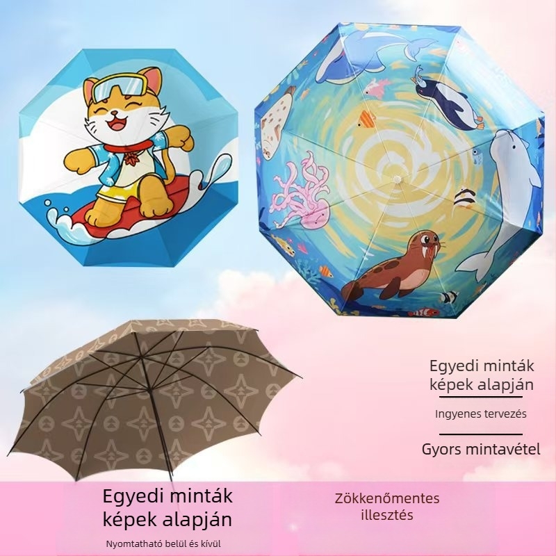Automata nyitású összecsukható esernyő vinil anyaggal, logó nyomtatással, UV-védelemmel, eső- és nap használatra, kreatív ajándék
