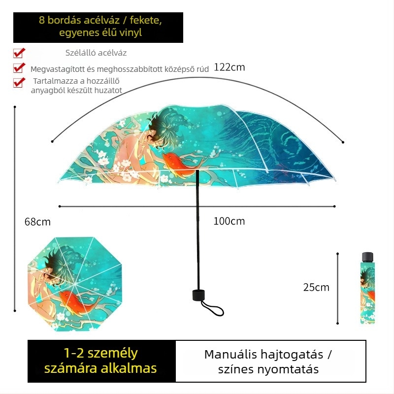 Automata nyitású összecsukható esernyő vinil anyaggal, logó nyomtatással, UV-védelemmel, eső- és nap használatra, kreatív ajándék