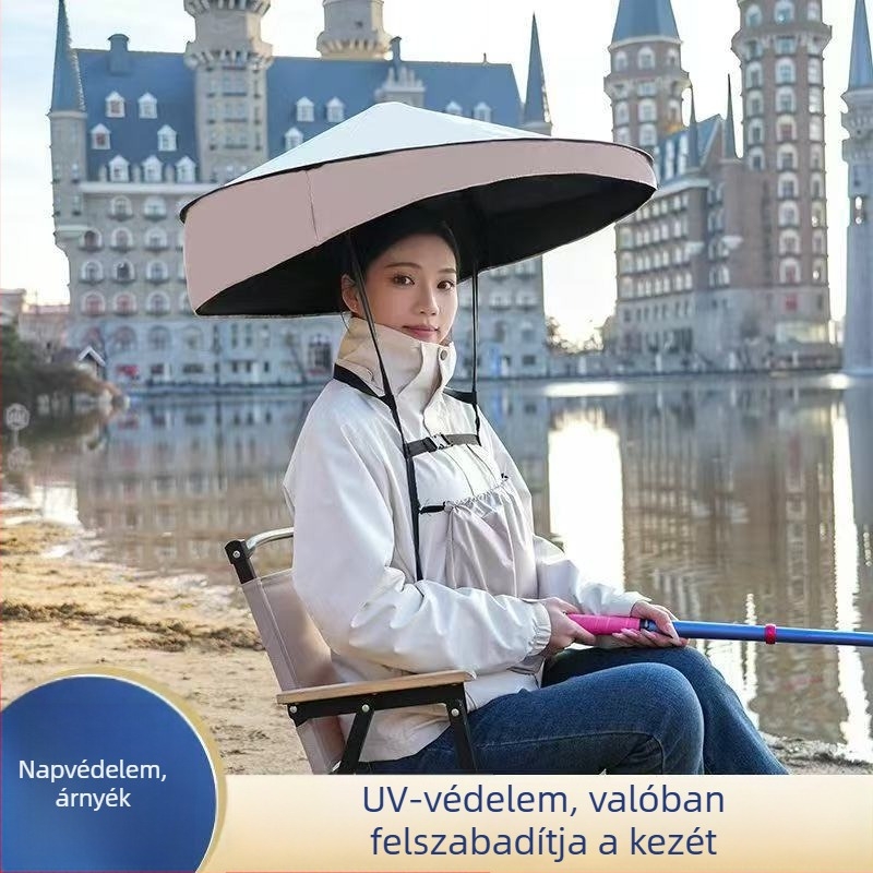 Fejre szerelt esernyősapka, UV-védelem, árnyék a horgászathoz, szabad kezek, kettős használat napsütésre és esőre, hordozható, összecsukható