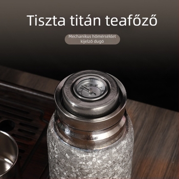 Titánból készült szigetelt teás pohár hőmérséklet kijelzővel és mágneses fedéllel, belső és külső titán, luxus ajándékdíszdobozban