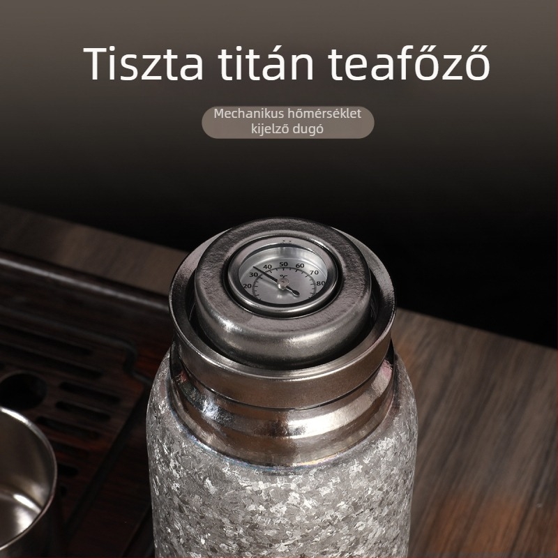 Titánból készült szigetelt teás pohár hőmérséklet kijelzővel és mágneses fedéllel, belső és külső titán, luxus ajándékdíszdobozban