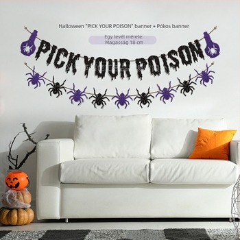 Halloween parti zászlófüzér – szellem, pók és boszorkány motívumokkal, papír zászlók, fekete