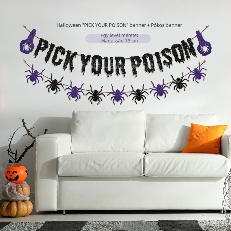 Halloween parti zászlófüzér – szellem, pók és boszorkány motívumokkal, papír zászlók, fekete