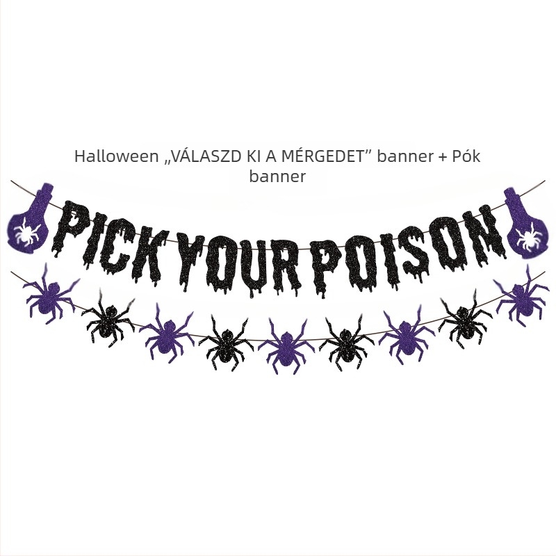 Halloween parti zászlófüzér – szellem, pók és boszorkány motívumokkal, papír zászlók, fekete