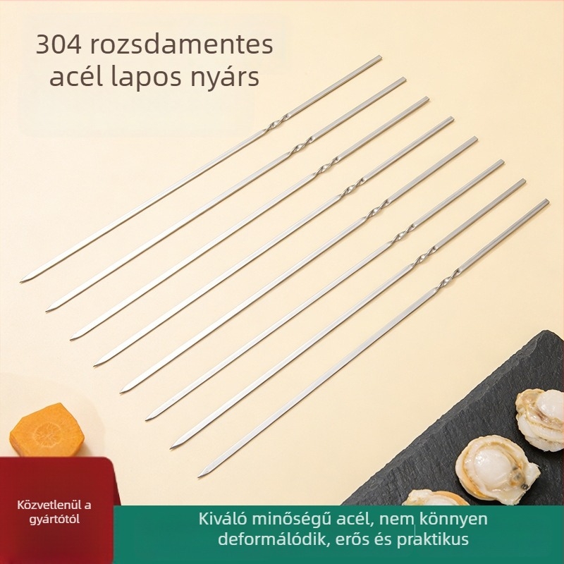 304 rozsdamentes acél lapos grillszúrók csavaros dizájnnal, megakadályozza a deformációt, otthoni és kültéri kempingezéshez, bárány nyársak