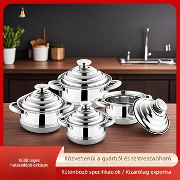 Rozsdamentes acélból készült edénykészlet: leveses fazék, kis edény, lapos serpenyő és wok; méretek 16–22 cm; 410 rozsdamentes acél; ideális ajándék