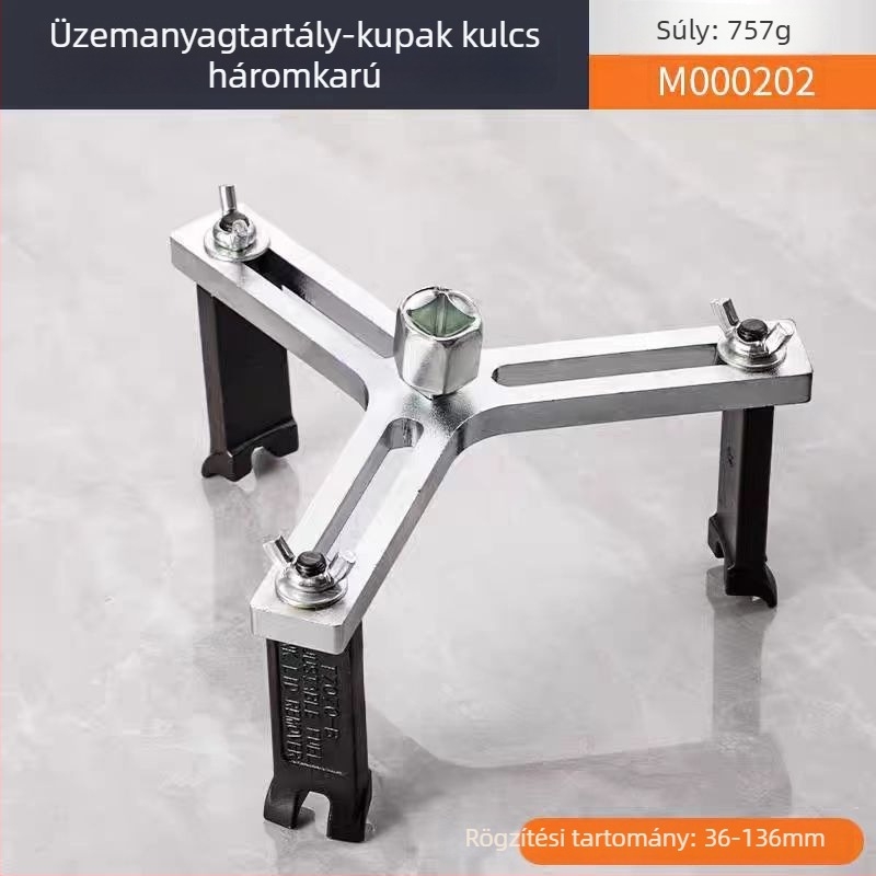Üzemanyag-tankfedél eltávolító eszköz, állítható kulcs derékszögű görbült állcsússal, 3- és 4-ágú fej – autójavítás