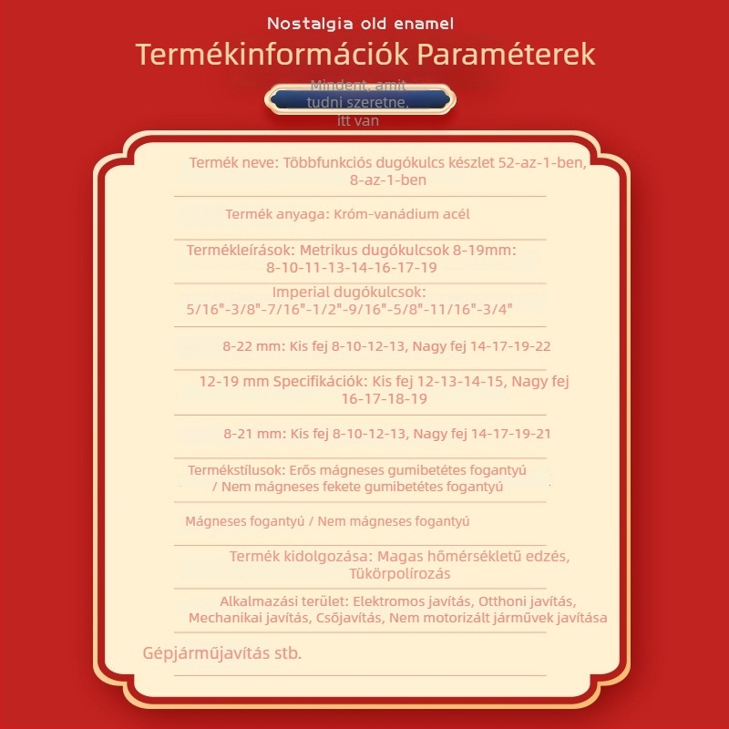 Nehéz kivitelű többfunkciós dugókulcs-készlet, 52 az 1-ben és 8 az 1-ben, 8–21 mm, autójavító eszközök