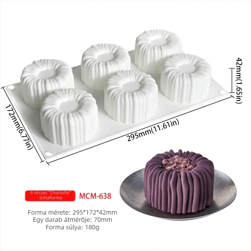 6 darabos Charlotte mousse tortaforma szilikonból, bordázott hengertestű forma DIY sütéshez