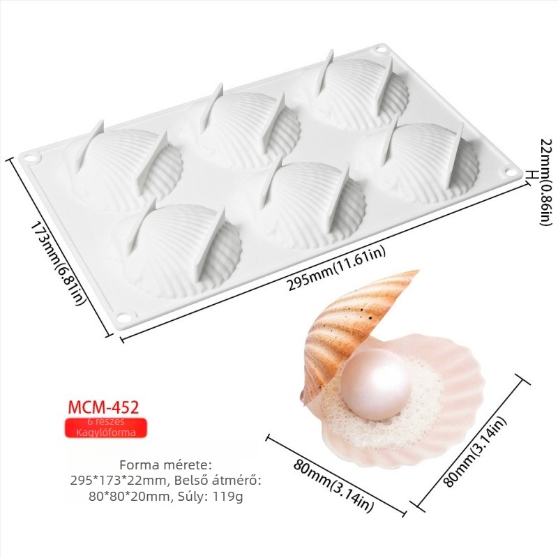 6 részes szilikon süteményforma készlet kagyló alakú formákkal, gyöngyös csokoládé mousse forma és gyertya forma
