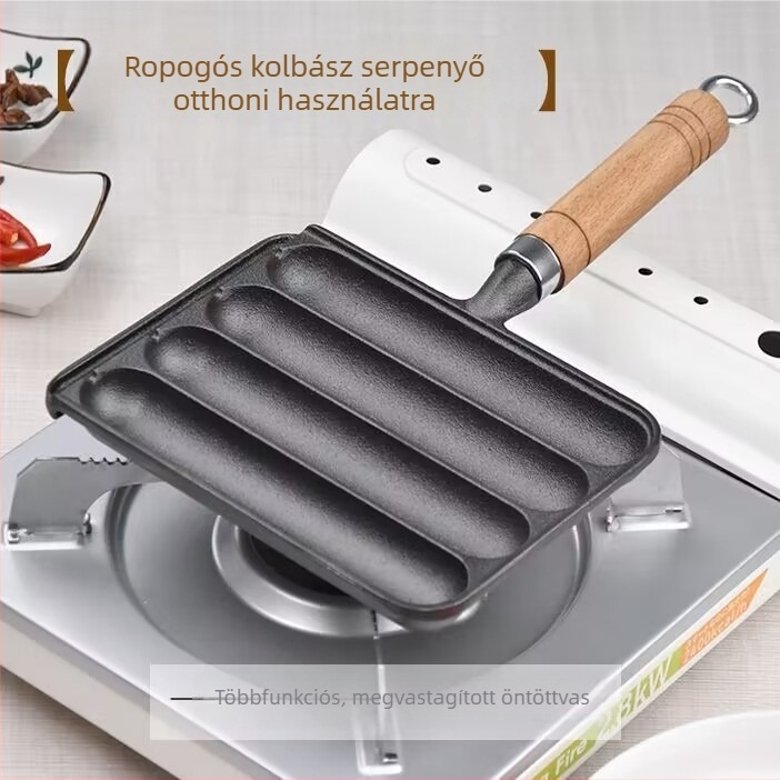 Kovácsoltvas grillserpenyő kolbászokhoz – négyszögletes, 0,9 kg, bevonat nélkül; ideális kolbászokhoz, rizses süteményekhez, báránynyársakhoz és gluténos ételekhez