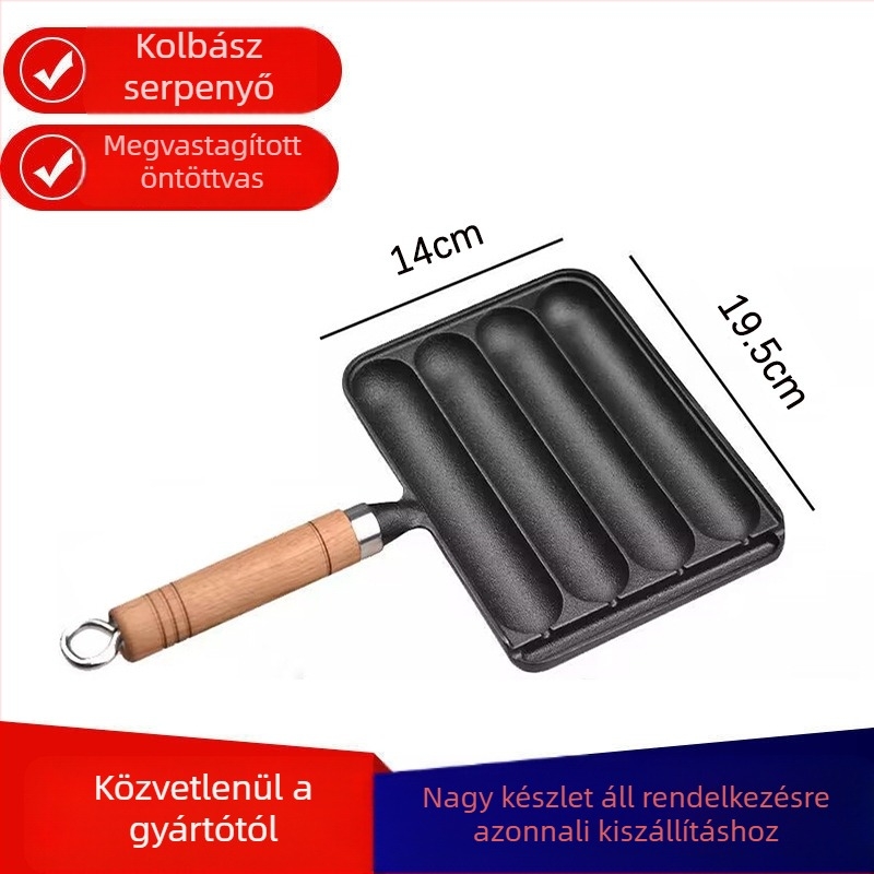 Kovácsoltvas grillserpenyő kolbászokhoz – négyszögletes, 0,9 kg, bevonat nélkül; ideális kolbászokhoz, rizses süteményekhez, báránynyársakhoz és gluténos ételekhez