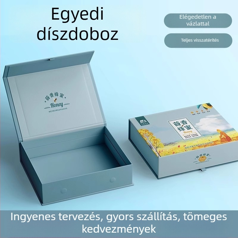 Személyre szabható ajándékdoboz egészséges kiegészítők, kozmetikumok és bőrápolás számára, felnyitható fedél és jelvény