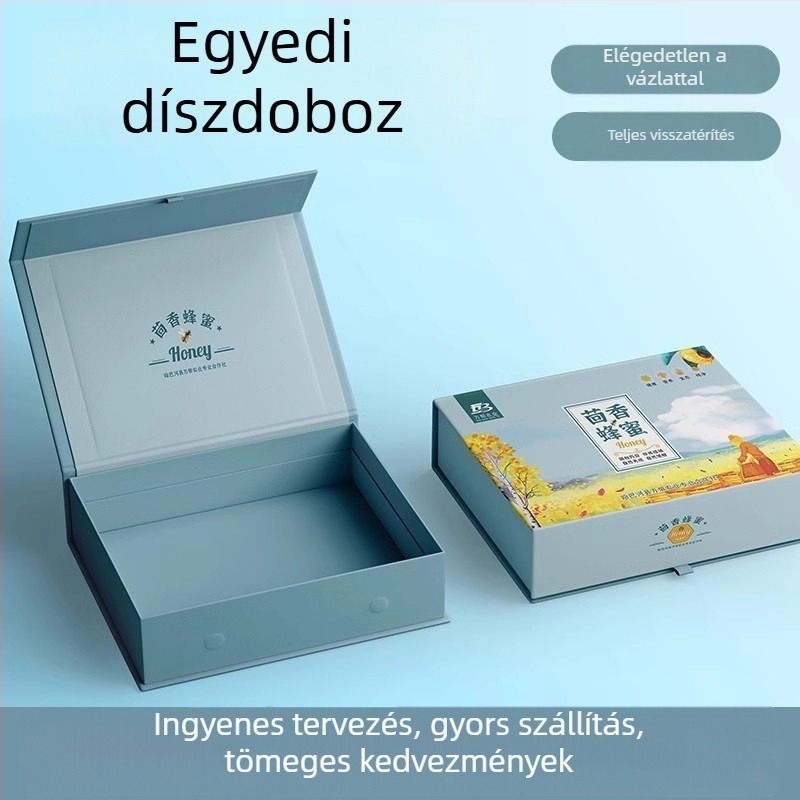 Személyre szabható ajándékdoboz egészséges kiegészítők, kozmetikumok és bőrápolás számára, felnyitható fedél és jelvény